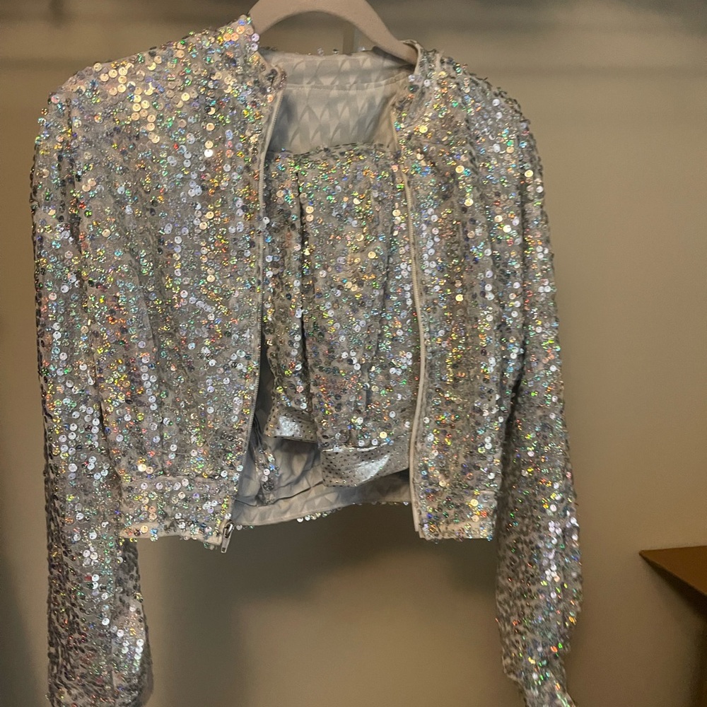 2 piece sequin skirt set with jacket. Custom made fits a size small-medium